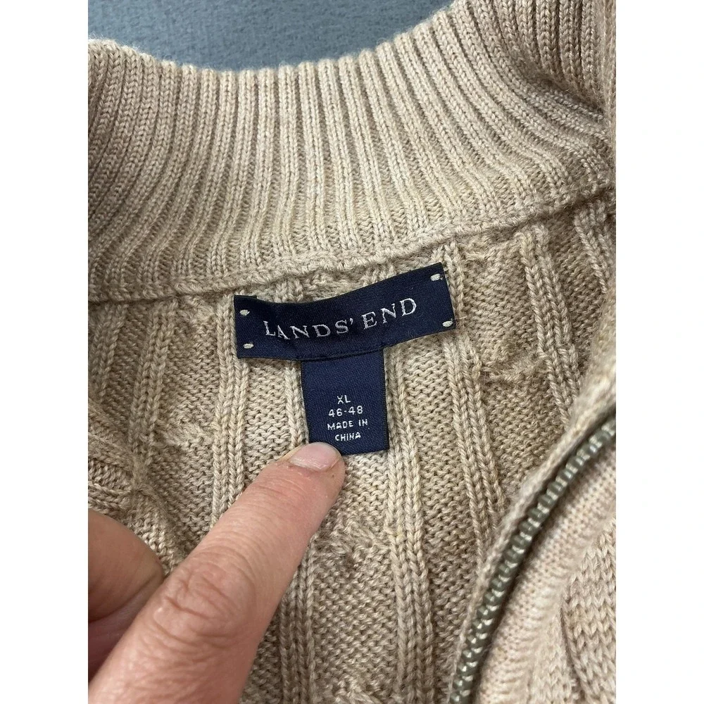 Lands' End Sweater Mens XL Beige Cable-Knit Mock Neck 1/4 Zip Wool Pullover